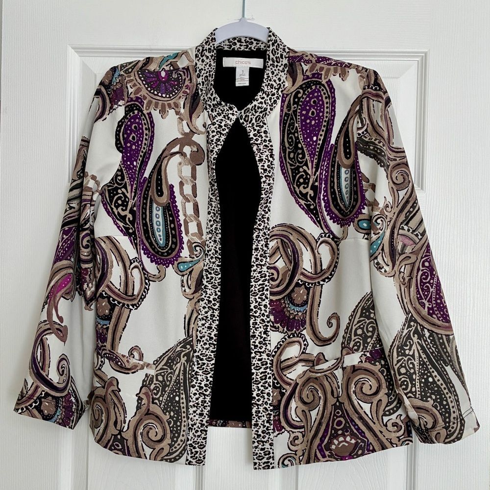 Chico’s Paisley & Leopard Print Open Front Blazer Women’s Size 1 Medium